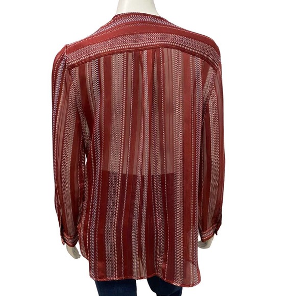 DKNY Crossover Top Rust Cream Blue Tunic Sheer Back Size S - Picture 3 of 7